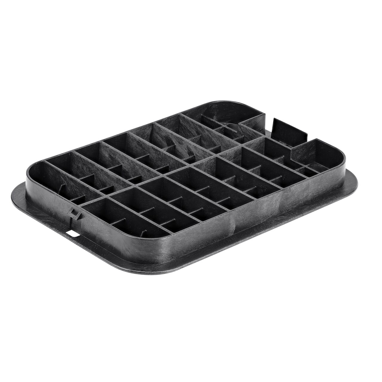 Top down view of the top side of the Black Irrigation Control Valve overlapping cover (NDS 117CB) for the NDS 13 in. X 20 in. Rectangular Standard Series