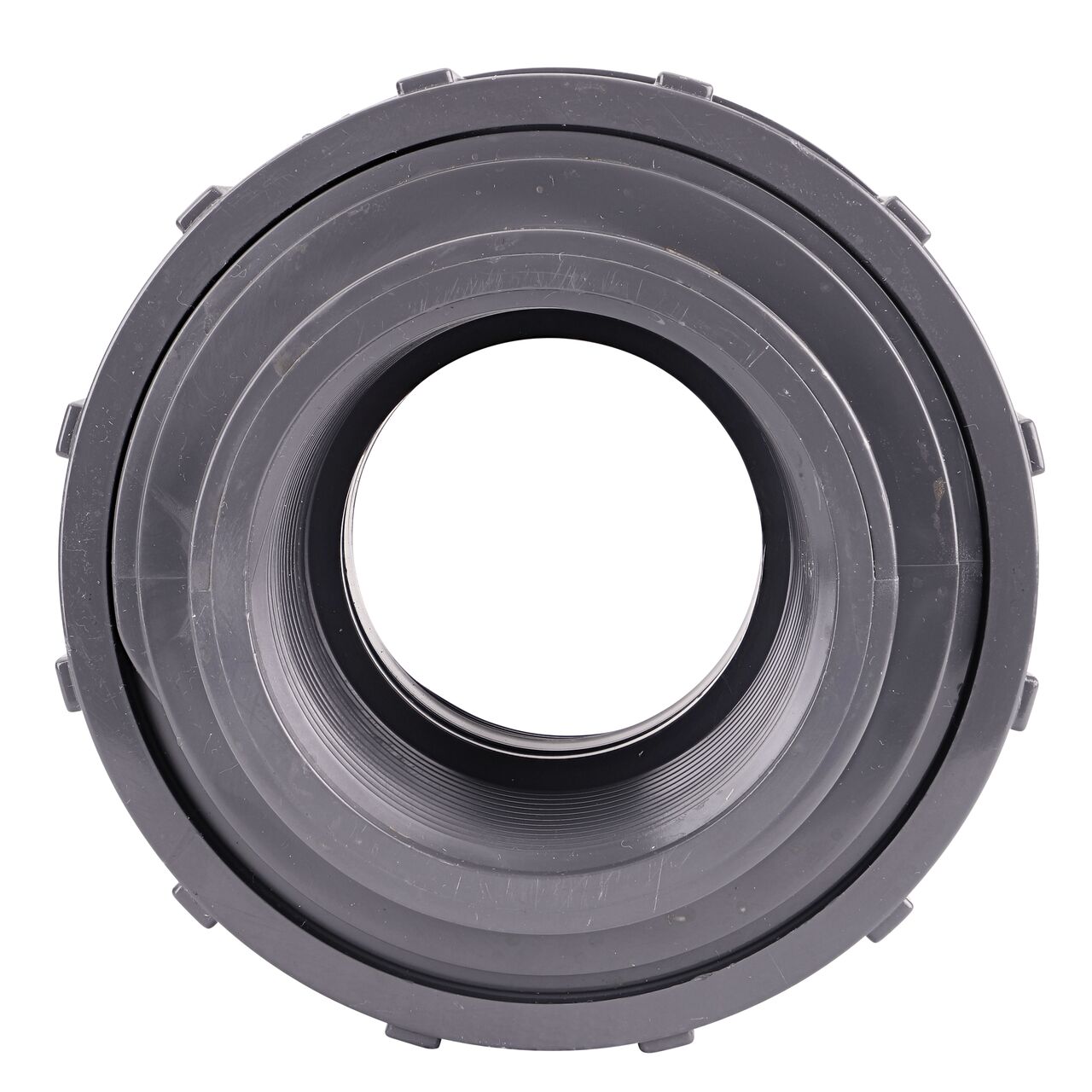 The inside of the threaded NDS 2-1/2 in. PVC Union which allows water to flow through while preventing leaks and made of durable PVC plastic (NDS U-2500-T)