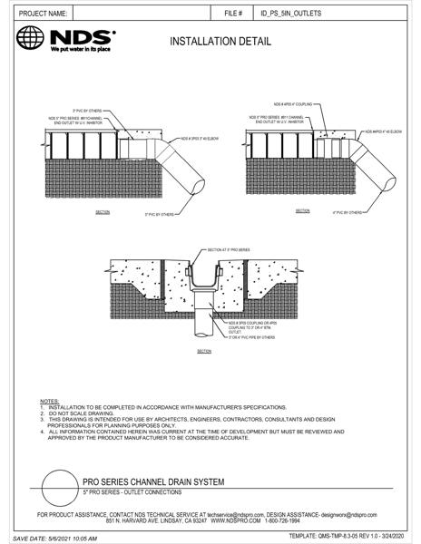 NDS 5 in. Pro Series™ Channel Drains & Grates Outlets Installation Details