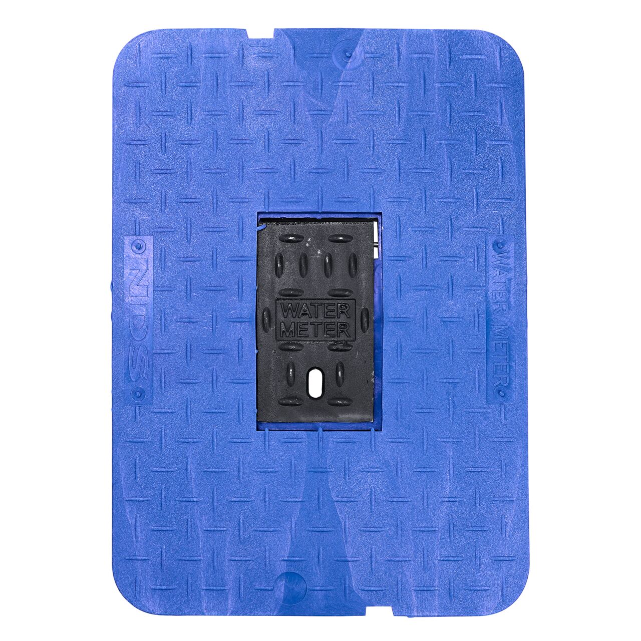 Top down view of the top side of the Blue Water Meter Drop-in cover (NDS D1500-DICIRBLU) with Cast Iron reader door for the NDS 13 in. X 20 in. Rectangular Standard Series Meter Boxes