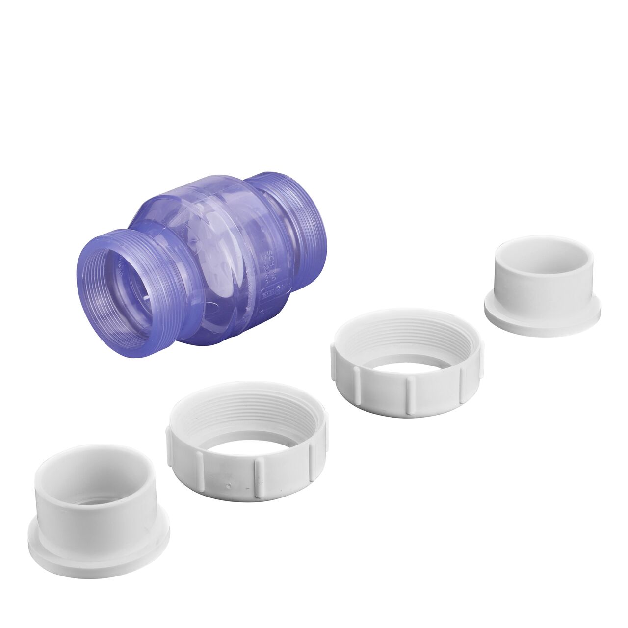 Unassembled view of the NDS Clear 2 in. IPS U X U PVC True Union Swing Check Valve (NDS 1720C20) where ends unscrew to remove for maintenance