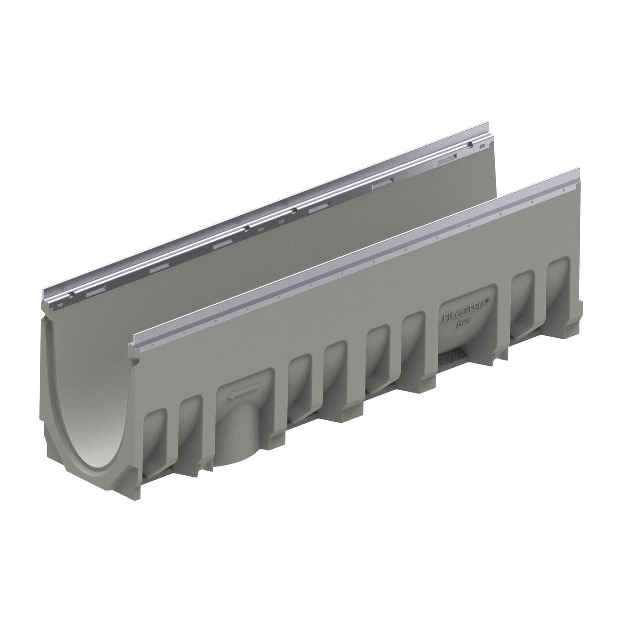 The female interlocking end of the constant depth channel 10-0 BG-FILCOTEN® by NDS® pro V 200 Trench Channel Drain with Galvanized Steel Rails, an 8 in. wide trench drain with high-load capacity made of high-performance concrete (HPC)