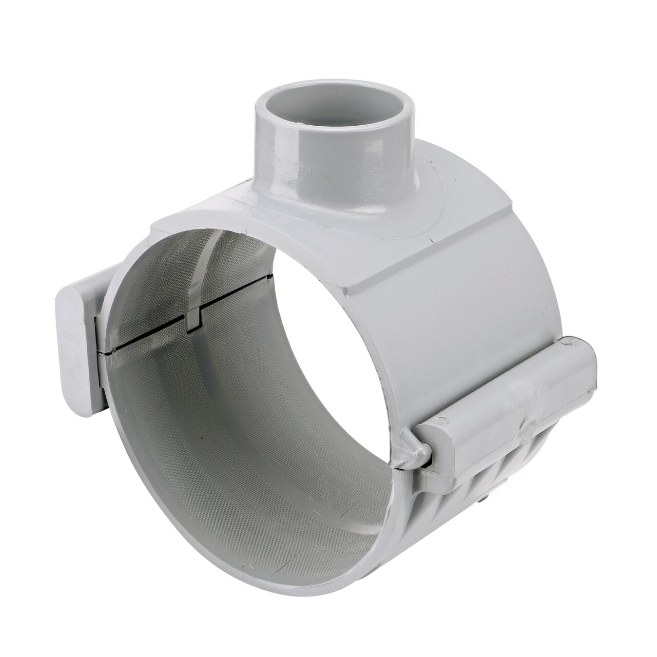 The NDS Clamp-It™ Rigid PVC Saddle with 2 in. slip connection on top (NDS 456020) for 6 in. PVC pipe has a patented wedge design on one side and hinge on the other to install a sprinkler irrigation system to existing pipe without any bolts