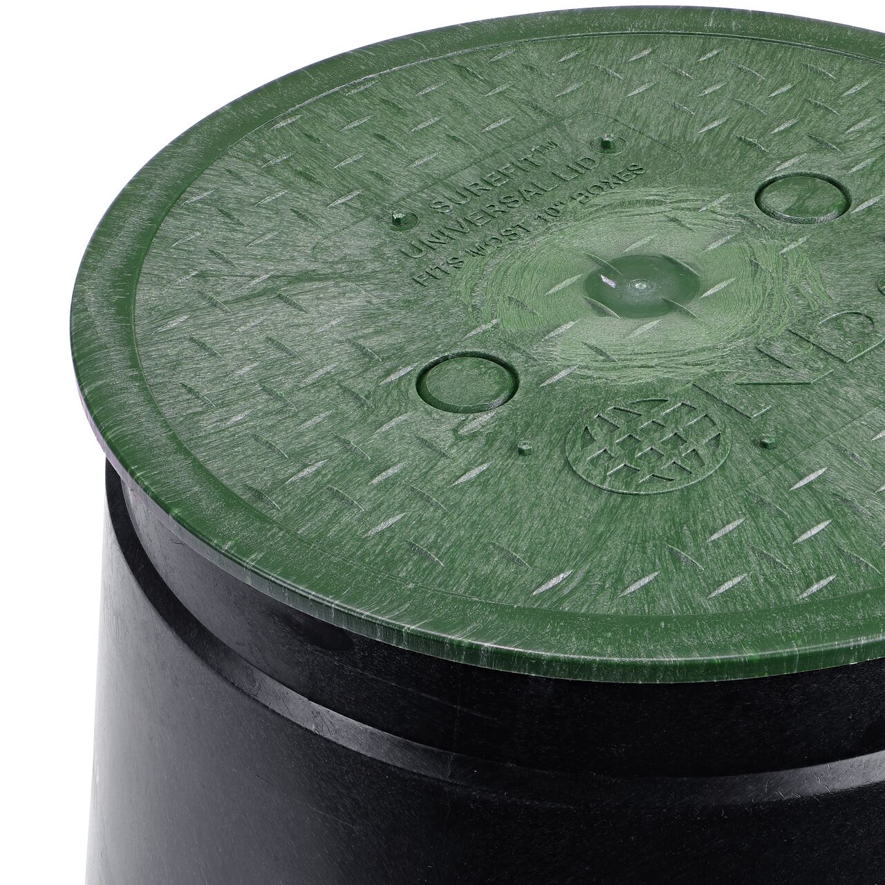Closeup View of the 10 in. Round SureFit Universal Valve Box Lid (NDS 10RND-UC) installed on the Black Valve Box
