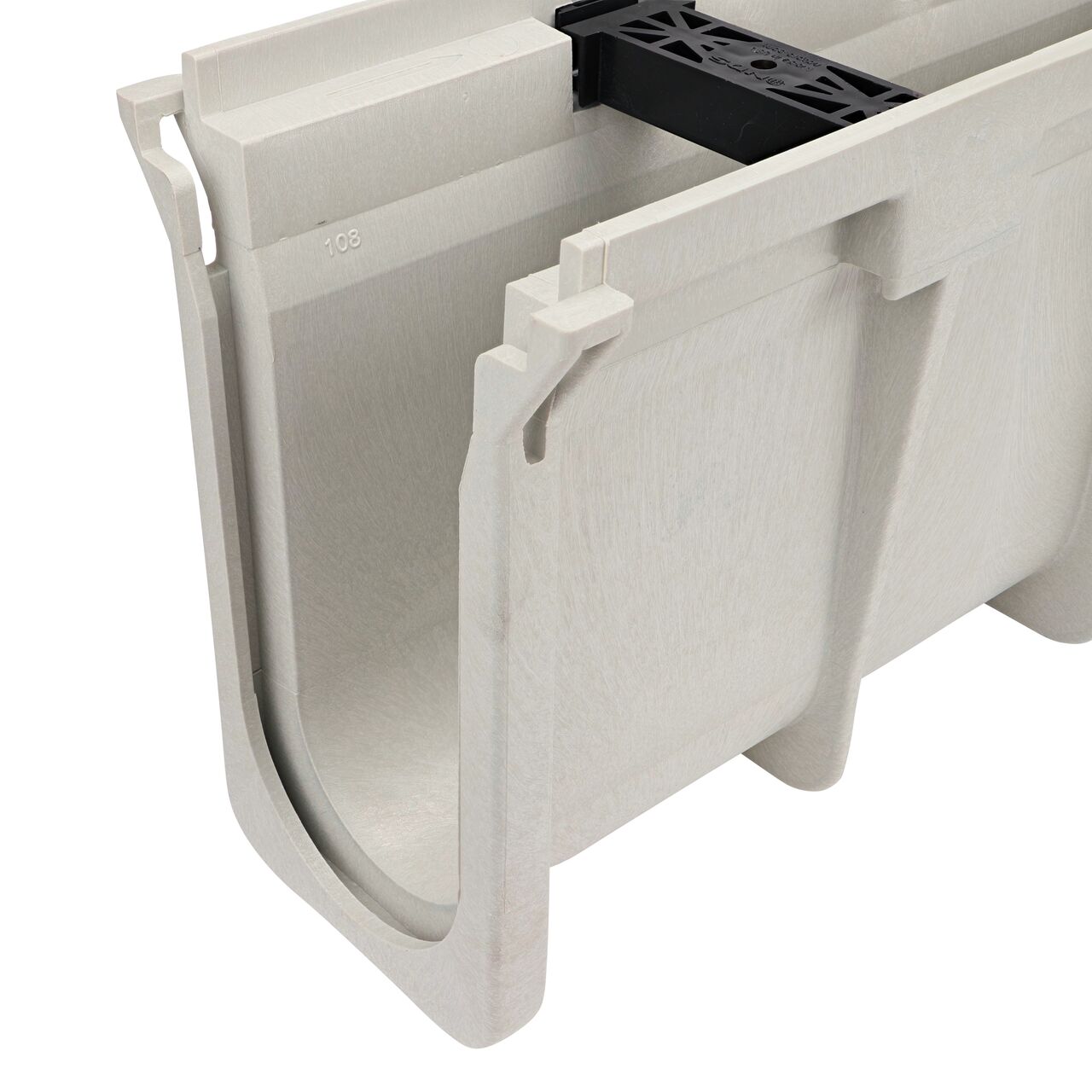 Closeup view of the Dura Slope Channel Drain, 9.70 in. to 10.05 in. Deep, with groove joints facing camera (NDS DS-108)