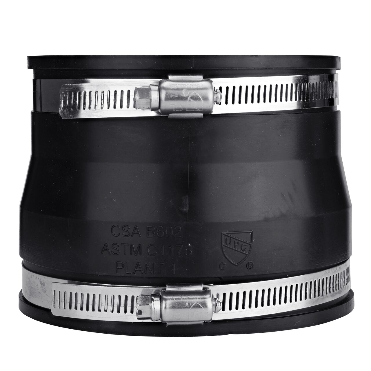 The NDS 4 in. flex coupling, in vertical position, connects asbestos cement fibre/ductile iron pipe to cast iron/plastic pipe and provides leak-resistant seals with virtually any pipe (NDS 51-44)