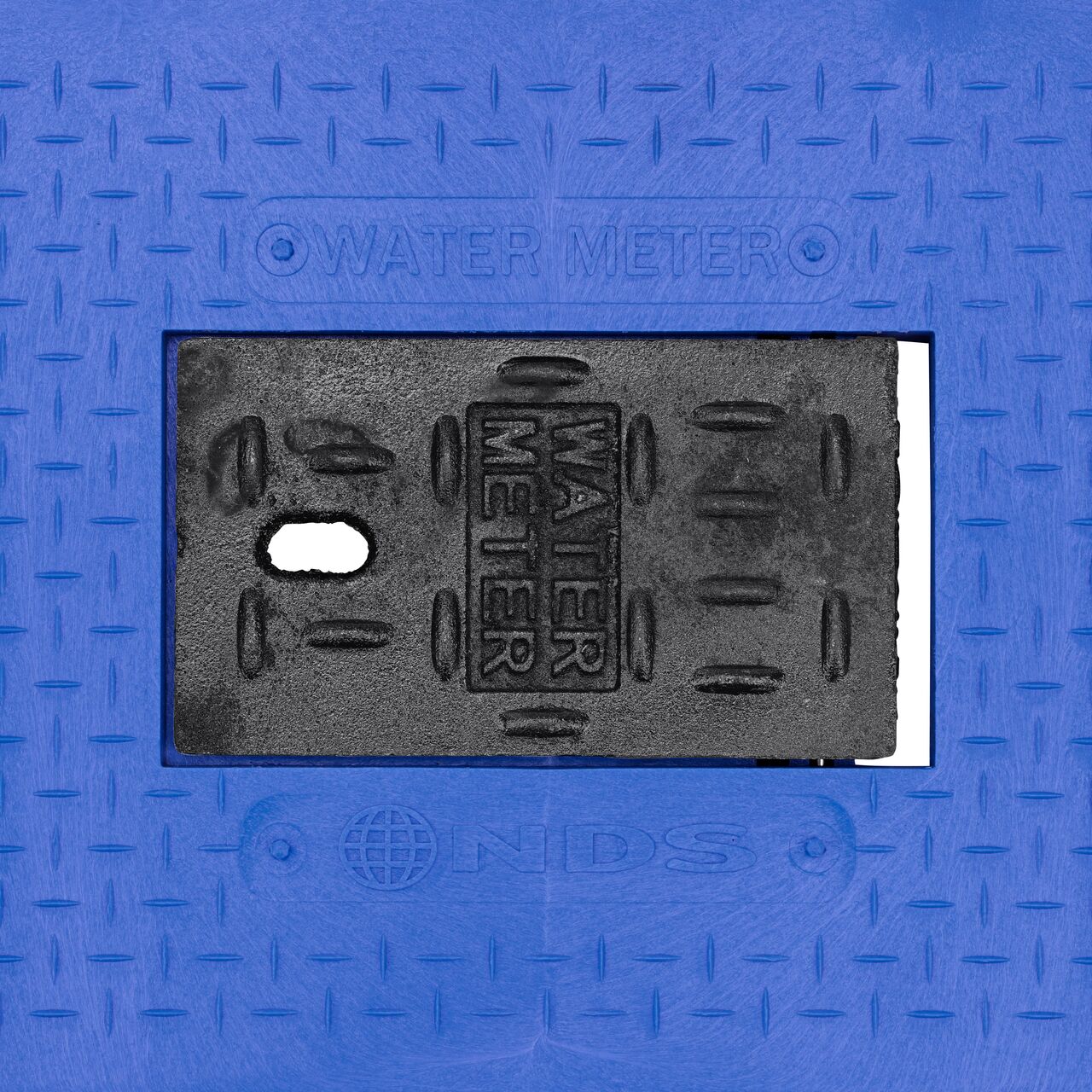 Closeup view of the Water Meter markings and Cast Iron reader door on the Blue Water Meter Drop-In cover for the NDS 14 in. X 19 in. Rectangular Standard Series Meter Cover (NDS D1200-DICIRBLUL)