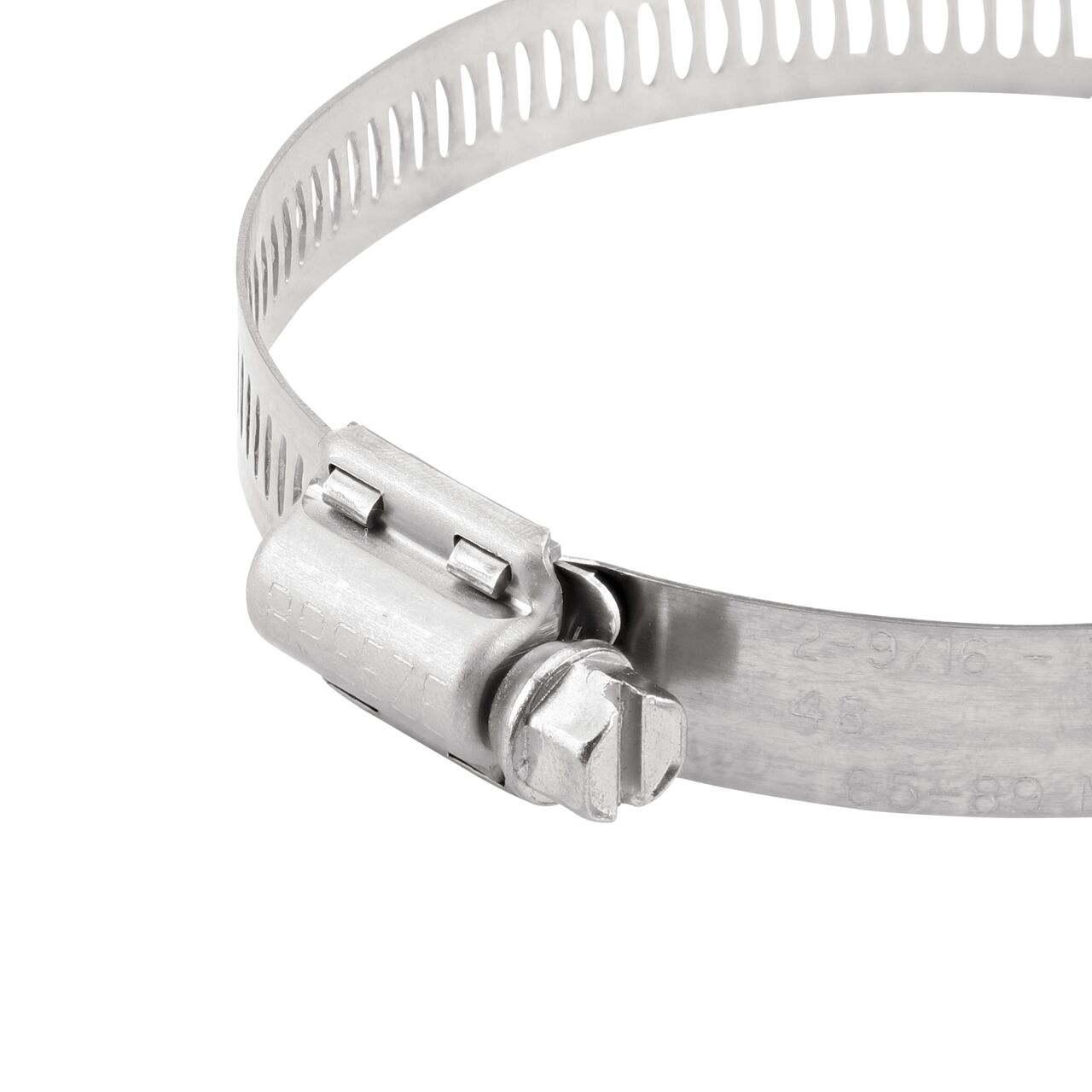Closeup view of the NDS SAE 48 Worm Drive Hose Clamp with Aero Seal 1/2 in. band width (NDS 64048H) with a 5/16 in. 410 Stainless Steel hex screw; tighten to 30-45 in. lbs. torque to close