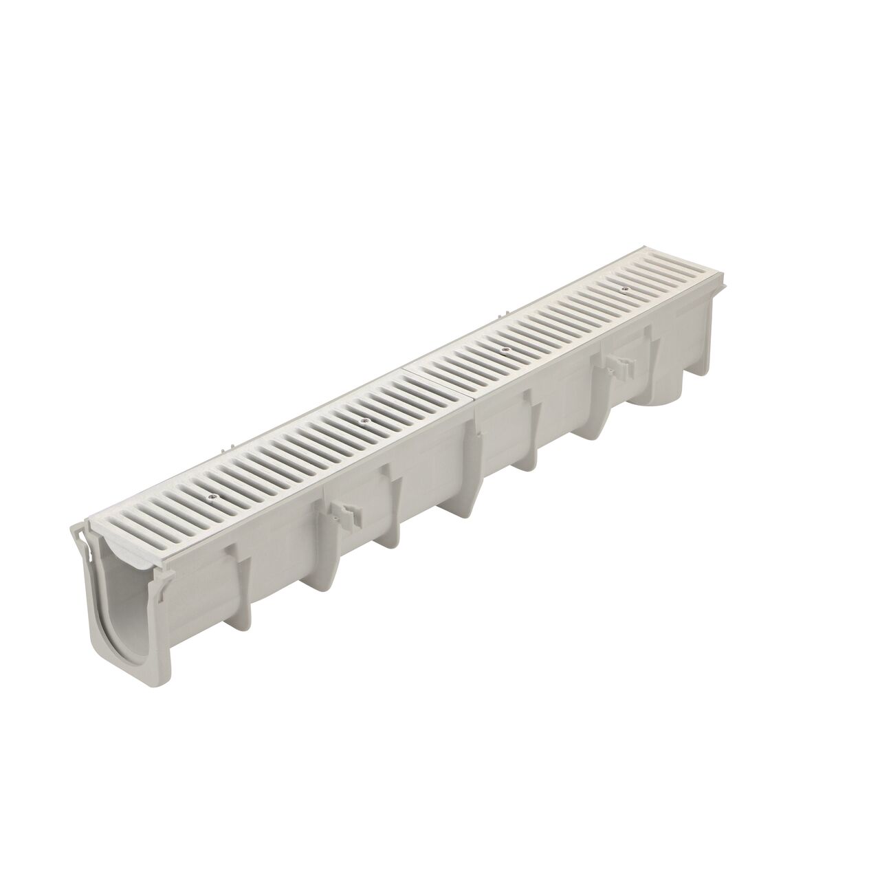 The NDS 6.35 to 6.69 in. Deep Dura Slope Channel (NDS DS-098) with the Standard Duraslope Light Gray Grate installed (NDS 661LG)