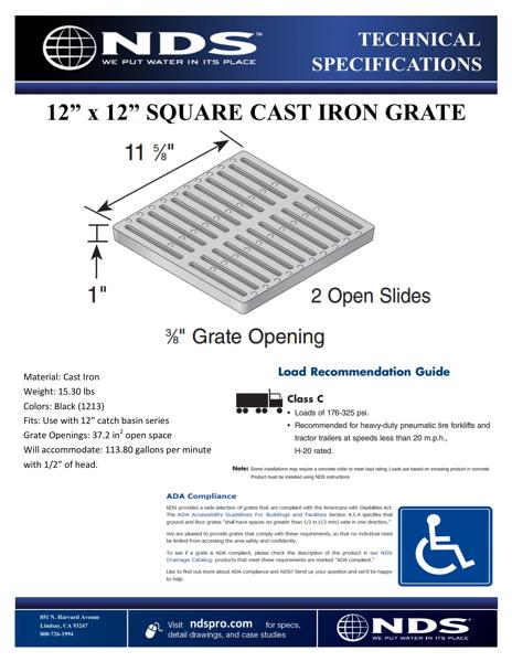NDS 12 in. Square Catch Basin Drain Grate Ductile Iron Tech Spec