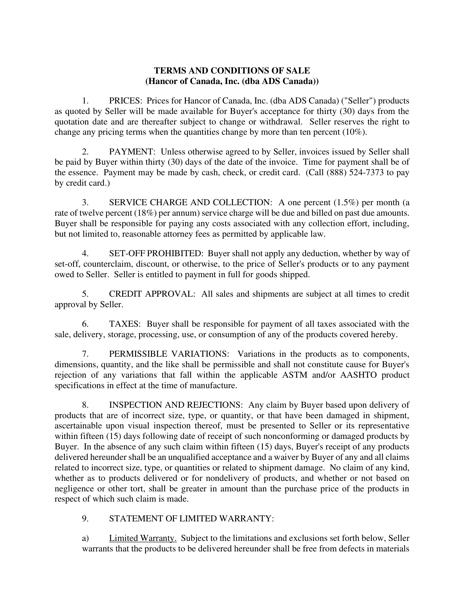 Hancor of Canada Terms and Conditions of Sale