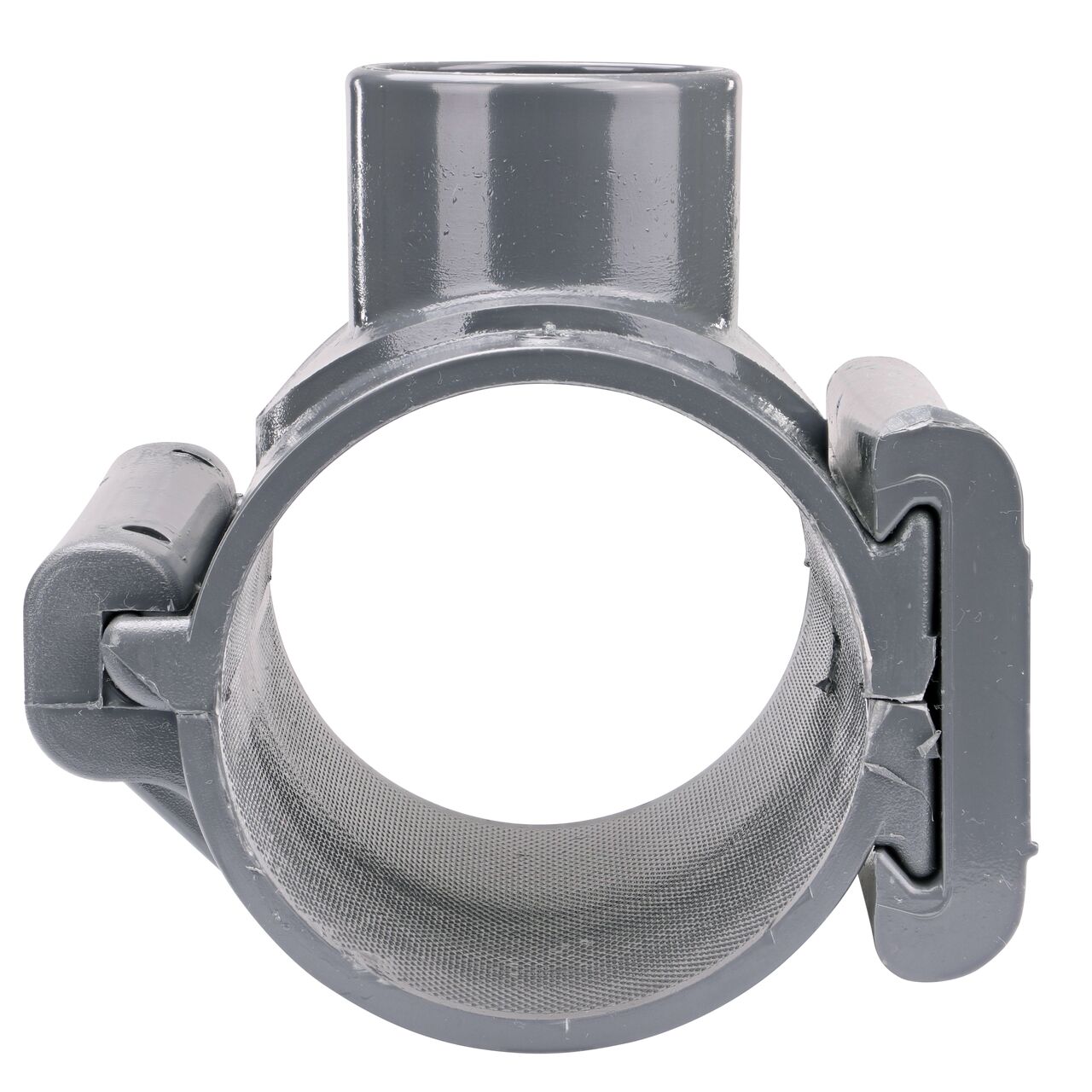 Front facing view of the NDS Clamp-It™ Rigid PVC Saddle with 1-1/2 in. slip connection on top (NDS 453015) for 3 in. PVC pipe showing both the wedge and hinge sides