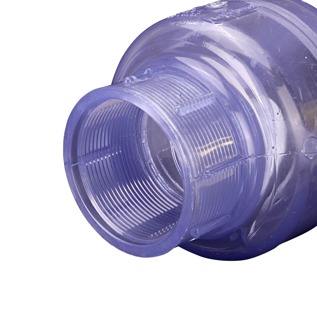 Closeup of the inlet end of the NDS Clear 2 in. female end by female end PVC Swing Check Valve (NDS 1520C20F) which prevents backflow in pipelines