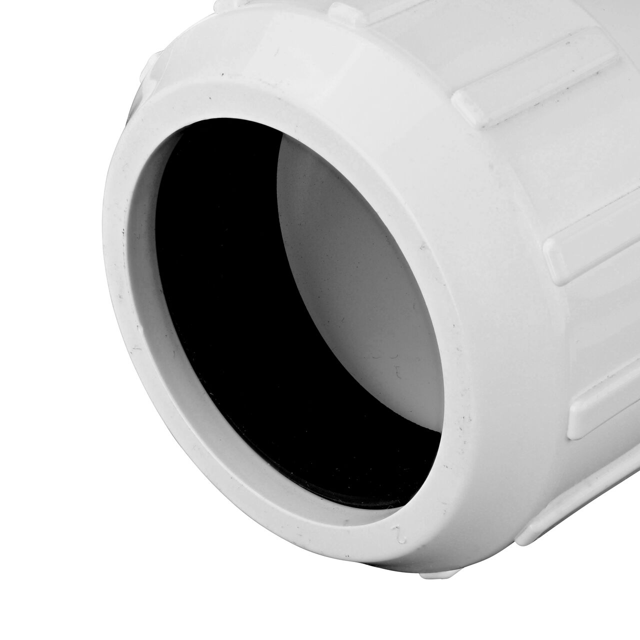 Closeup of the non-union outlet end of the NDS White 2 in, IPS UC X UC Checkmate PVC Swing Check and Ball Valve Combination (NDS 2200-20UC)