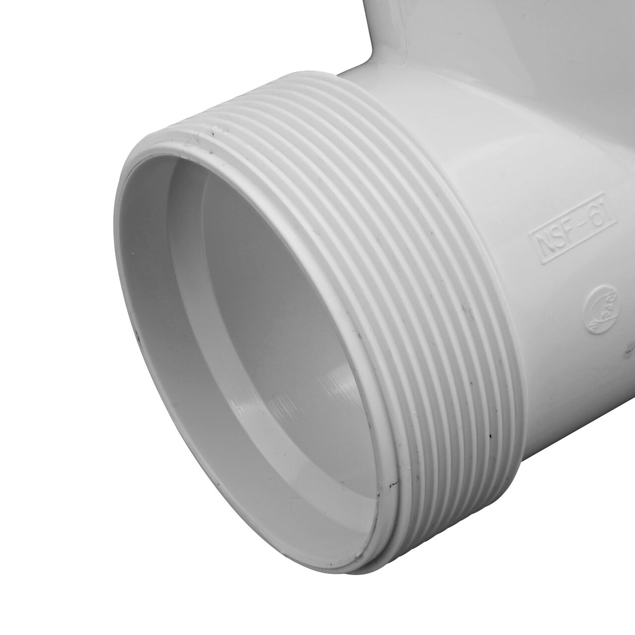 Closeup view of the NDS PVC Threaded Tees showing the compression end with 2 in. adjustable nuts removed and once installed provides a leak resistant connection (NDS CPT-2000-T)