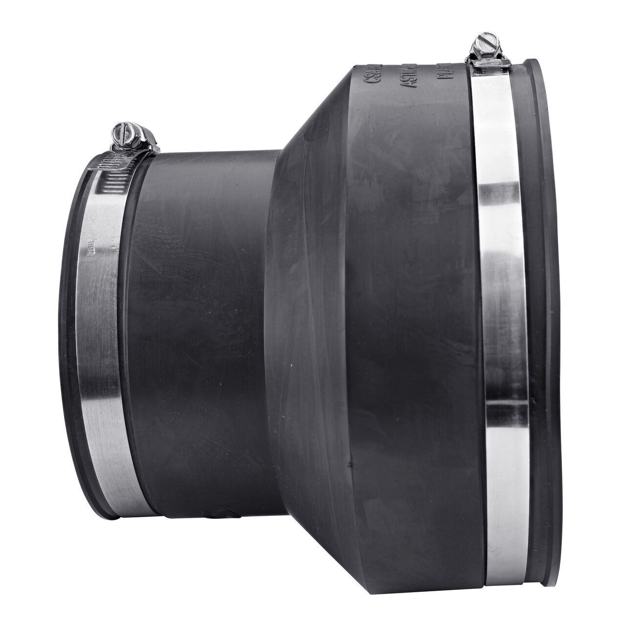 The NDS 6 in. X 4 in. flex coupling for cast iron/sewer and drain or DWV/copper/steel/lead pipes, in horizontal position, is made with material that flexes with normal earth movement (NDS 56-64)