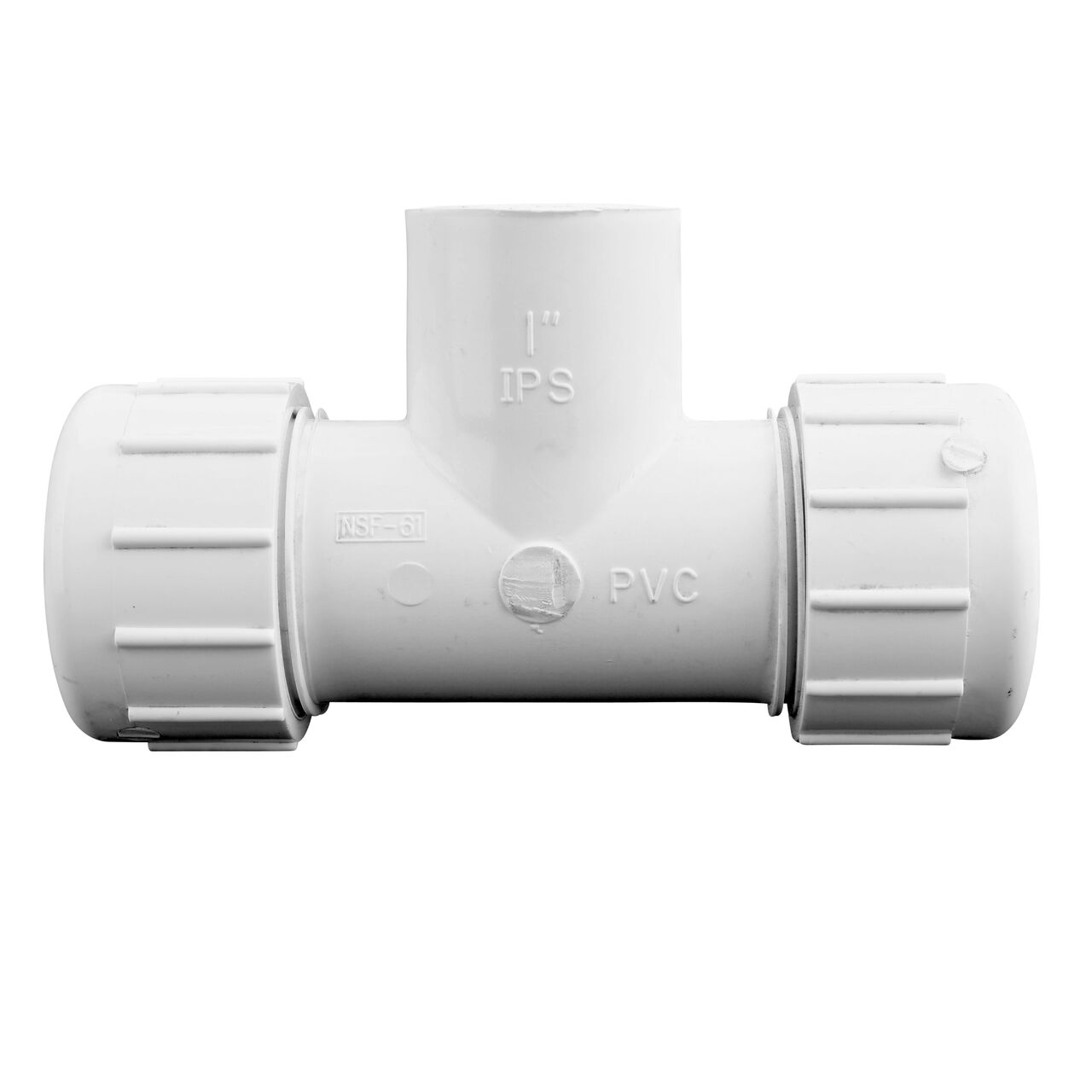 The NDS PVC Threaded Tees has adjustable nut on each compression end that connect onto 1 in. IPS pipe ends and one slip end that slides onto a 1 in. IPS pipe end to provide a corrosion-free connection (NDS CPT-1000-S)