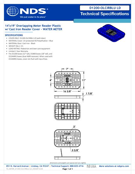 NDS 14 in. X 19 in. Rectangular D1200 Meter Box Cover, Blue Water Meter with Cast Iron Reader Tech Spec