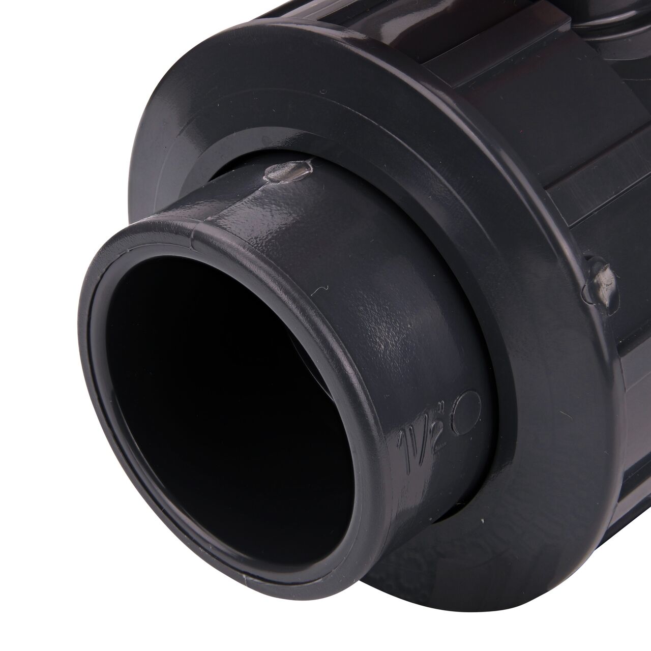Close up view of the slip end on the 1-1/2 in. PVC Slip & Threaded True Union Ball Valve (NDS BTU-1500-E) and how it connects to 1-1/2 Schedule 80 pipe