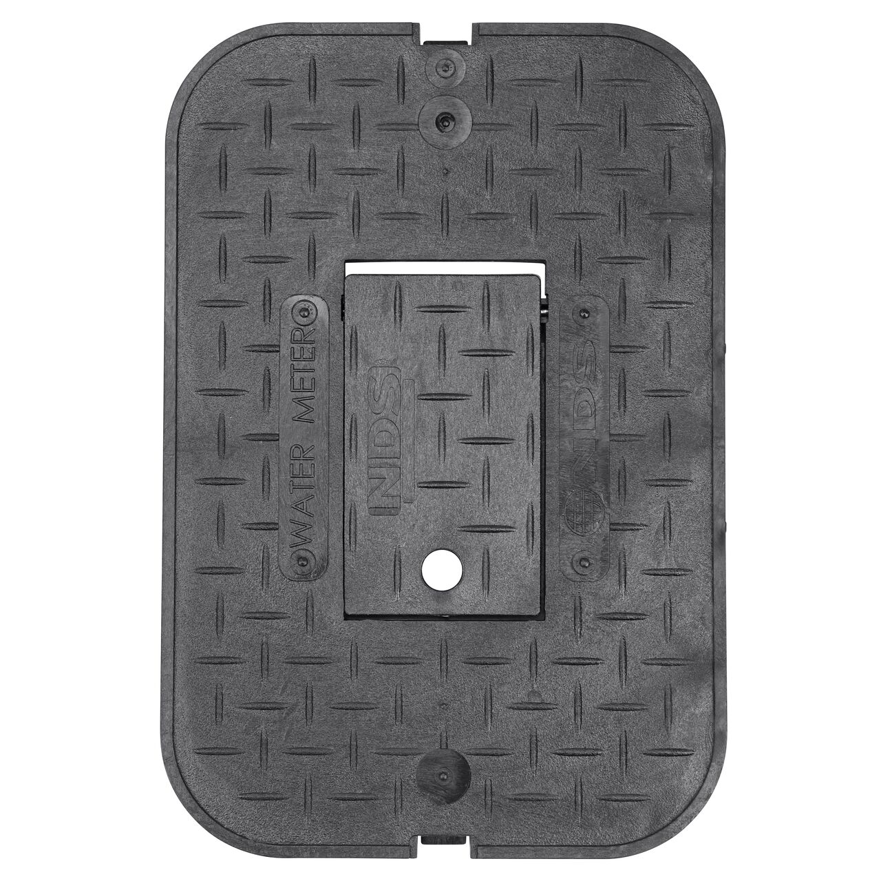 Top down view of the top side of the Black Water Meter Overlapping cover (NDS D1200-OLRBL) with Plastic reader door for the NDS 14 X 19 in. Rectangular Standard Series Meter Boxes
