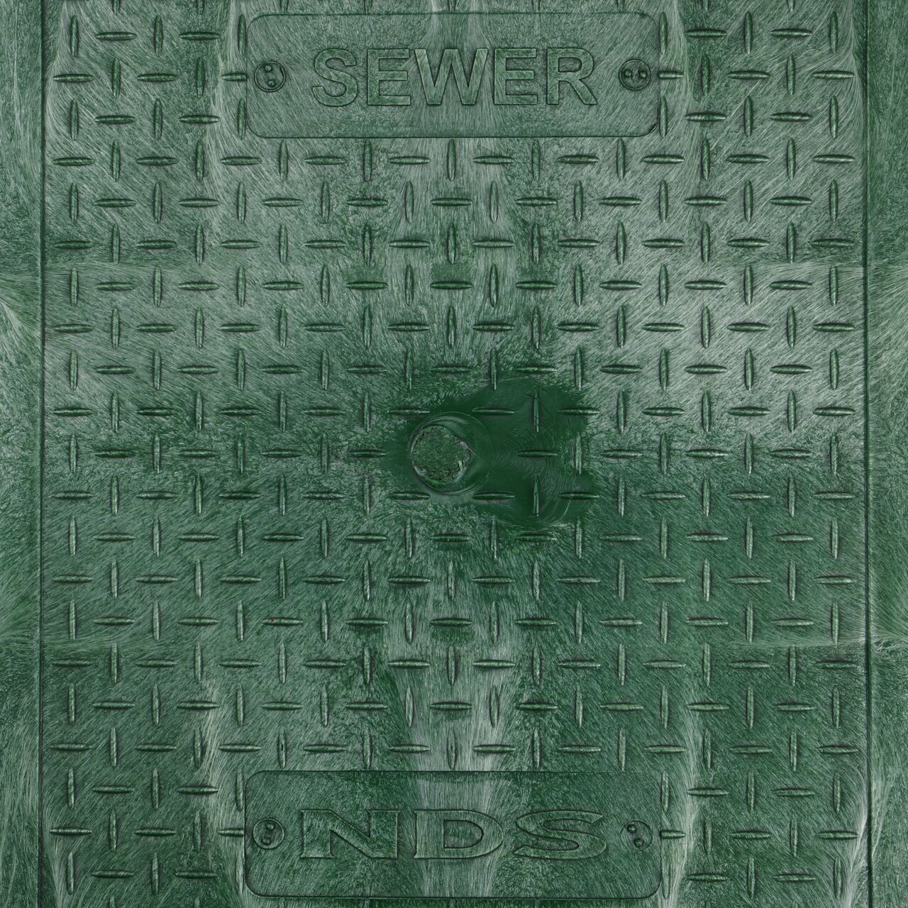 Closeup view of the Sewer markings on the Green Sewer cover (NDS 314CS) for the NDS 14 in. X 19 in. Rectangular Pro-Spec® Series Valve Box