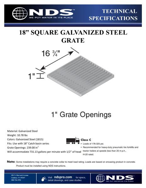NDS 18 in. Square Catch Basin Drain Grate Galvanized Steel Tech Spec