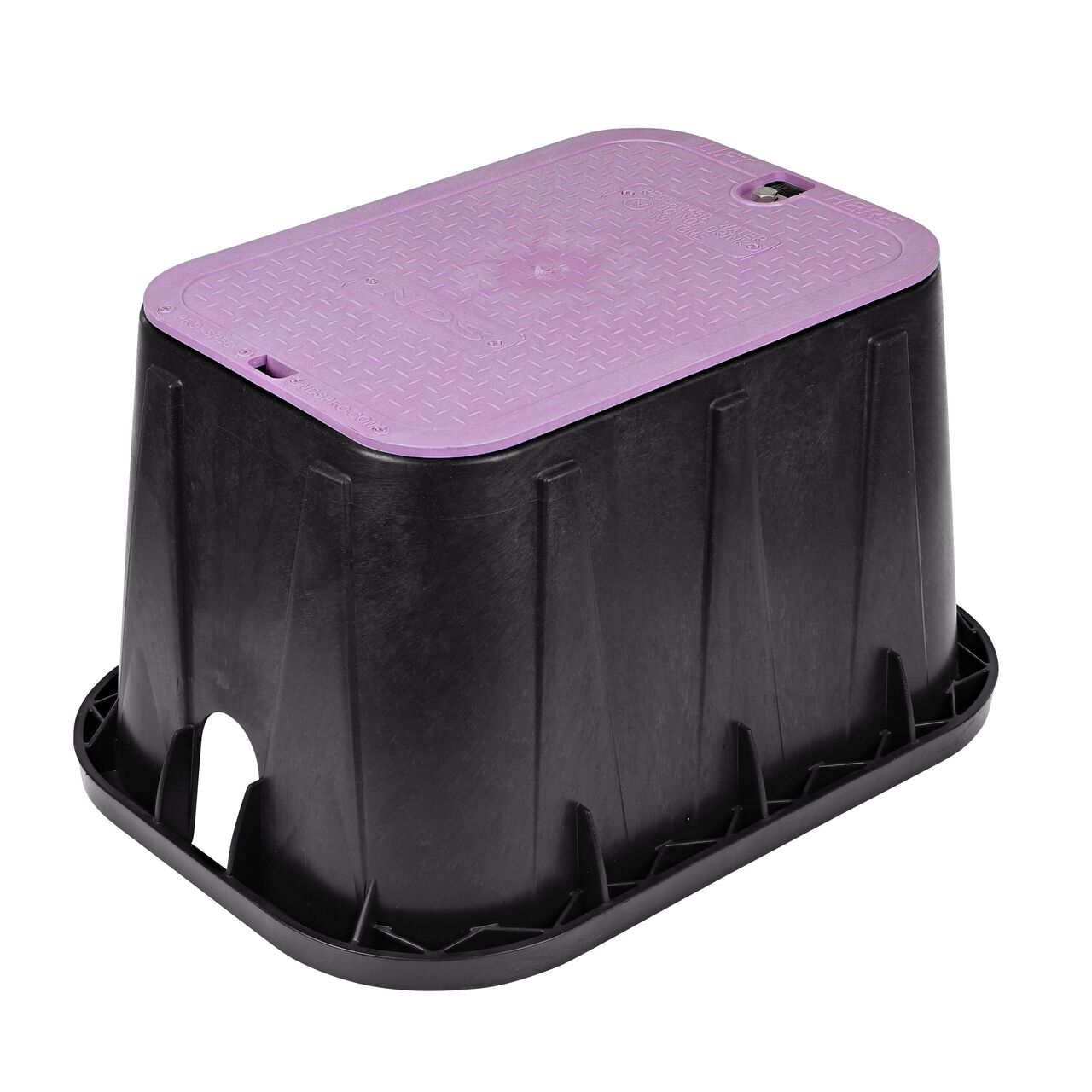The NDS 14 X 19 in. Rectangular Pro-Spec® Series Valve Box and Cover with bolt is a 12 in. high Black Box and Purple Cover with Reclaimed Water markings on the lid (NDS 313BCBR) and protects underground irrigation and sprinkler system components and keeps them out of sight