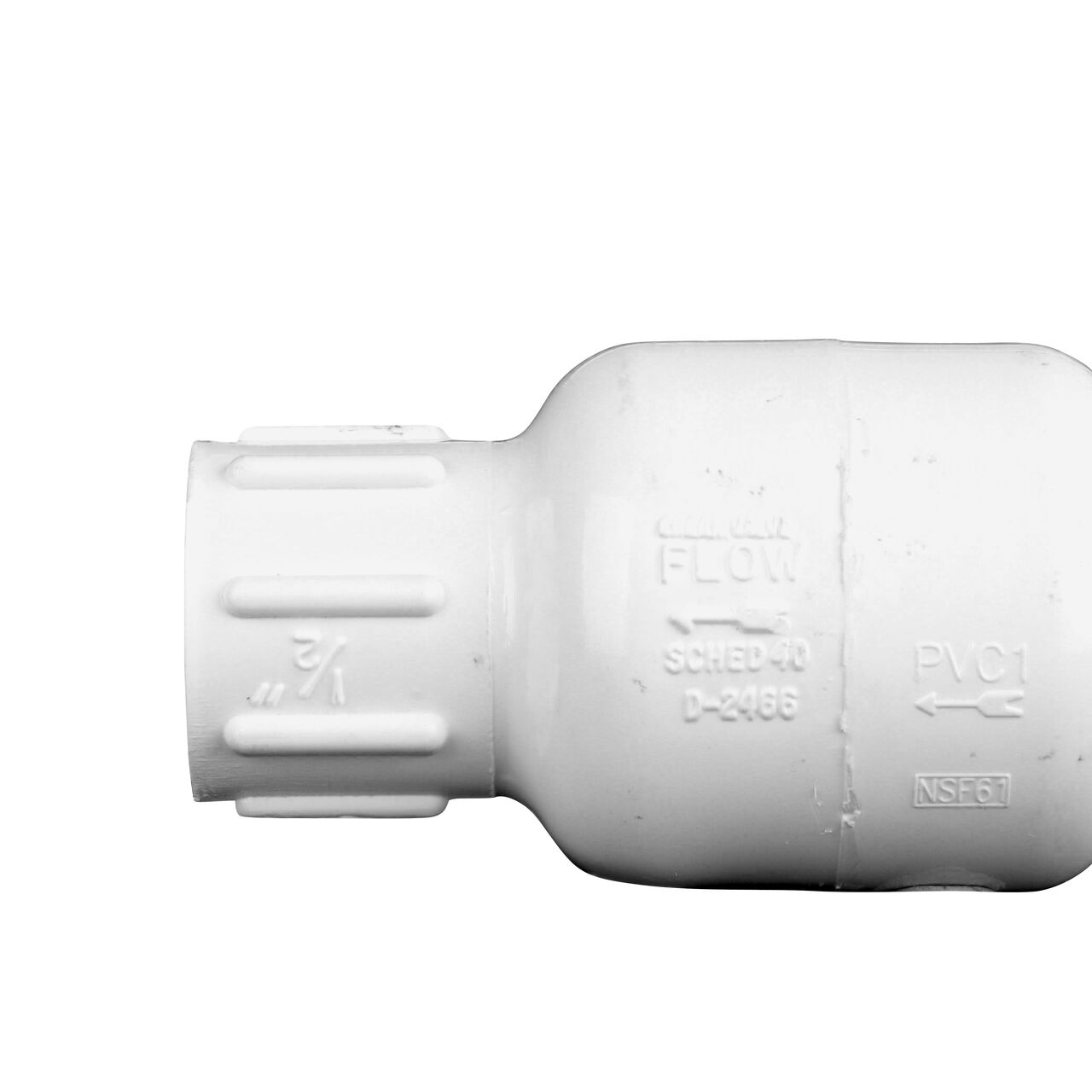 Closeup of the arrow showing water flow on the NDS White 1/2 in. IPS FPT X FPT PVC Adjustable Spring Check Valve with 2-5 lb. Spring (NDS 1205-05)