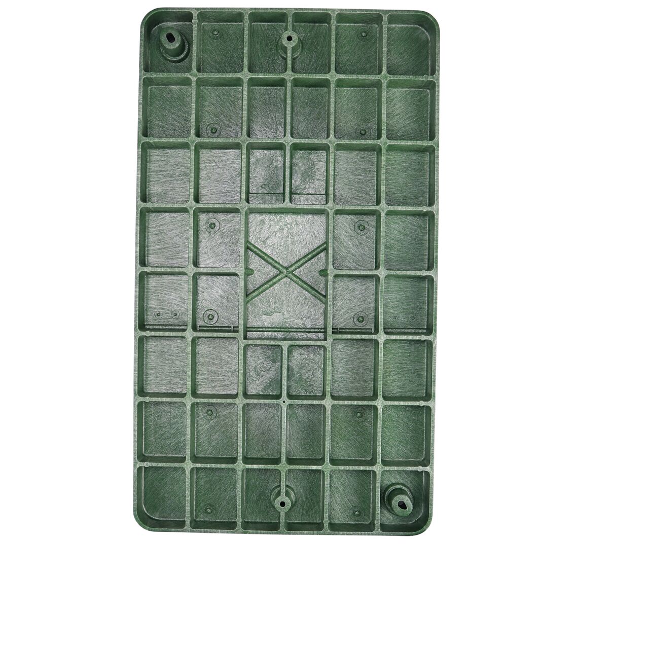 Top down view of the underside side of the Green Irrigation Control Valve cover (NDS 326BCDB-BG) for the NDS 17 in. X 30 in. Rectangular Pro-Spec® Series valve box, showing reinforcing ribs that are load rated to withstand pedestrian traffic and the rigors of lawn care equipment