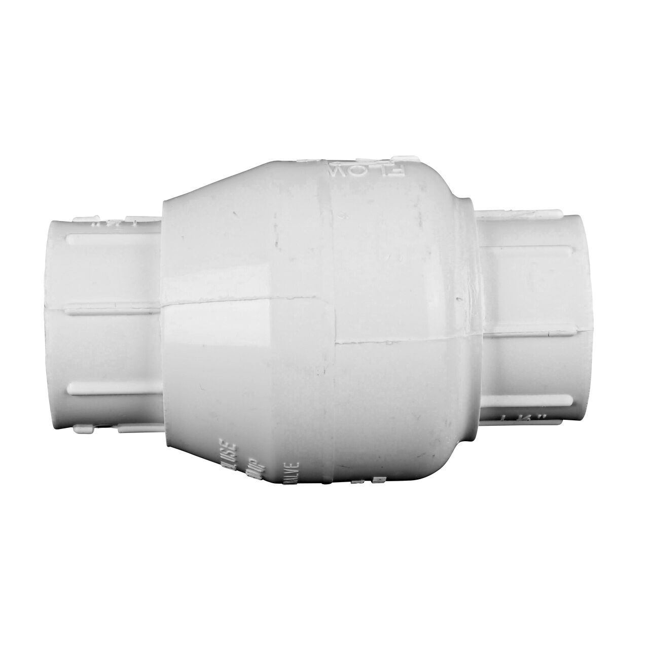 Side to side view of the NDS White 1-1/4 in. female end by female end PVC Swing Check Valve (NDS 1520-12F) which prevents backflow in pipelines