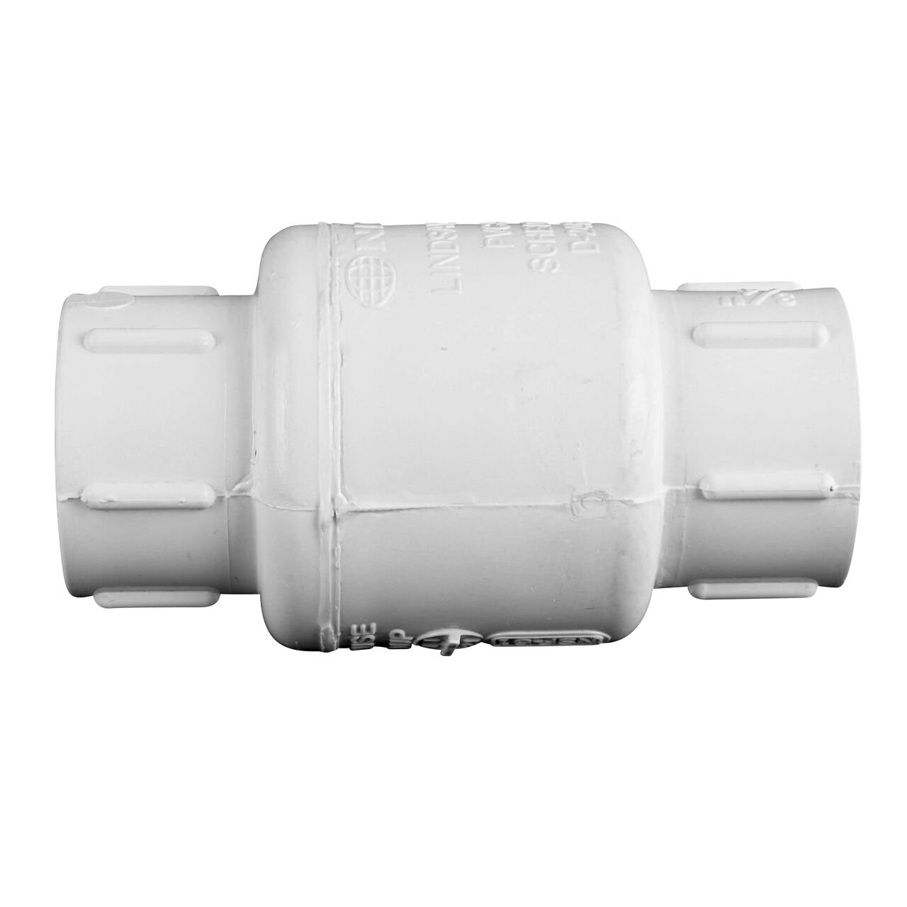 Side to side view of the NDS White 3/4 in. female end by female end PVC Swing Check Valve (NDS 1520-07F) which prevents backflow in pipelines