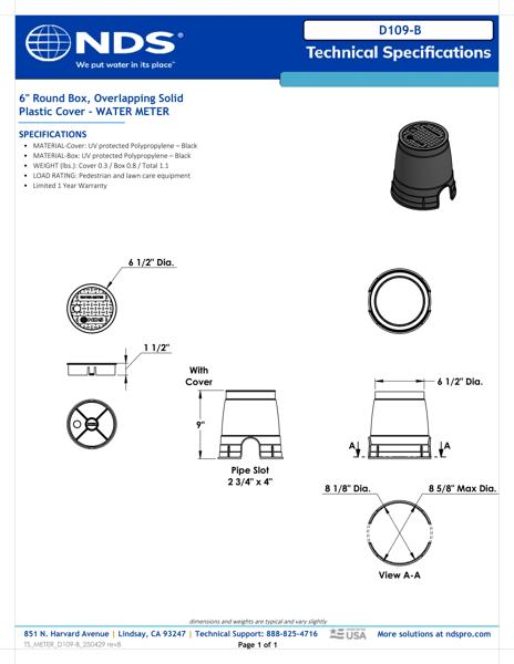 NDS 6 in. Round D109 Meter Box and Cover, 8-7/8 in. Height, Black Box, Black Water Meter Cover Tech Spec