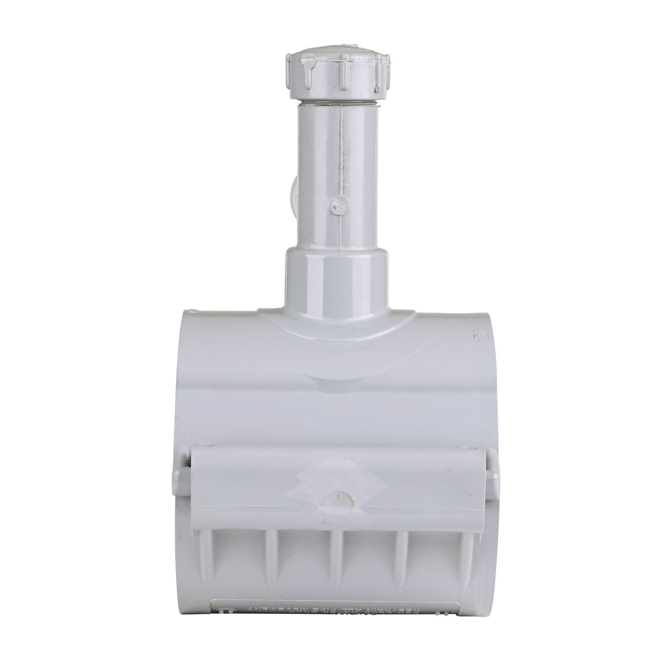 Side view showing hinged side of the 4 in. NDS Flo-Tap™ Rigid PVC Saddle with a 3/4 in. Socket or 1 in. spigot connection on top (NDS 3140)