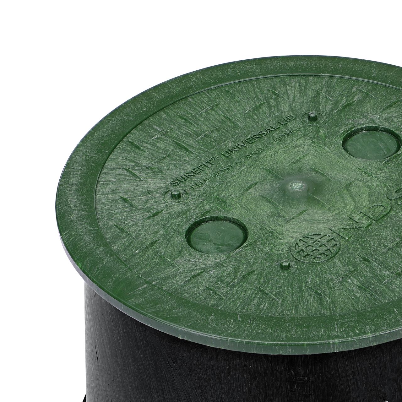 Closeup of the 6 in. Round SureFit Universal Valve Box Lid (NDS 6RND-UC) installed on a 7 inch black Oldcastle valve box