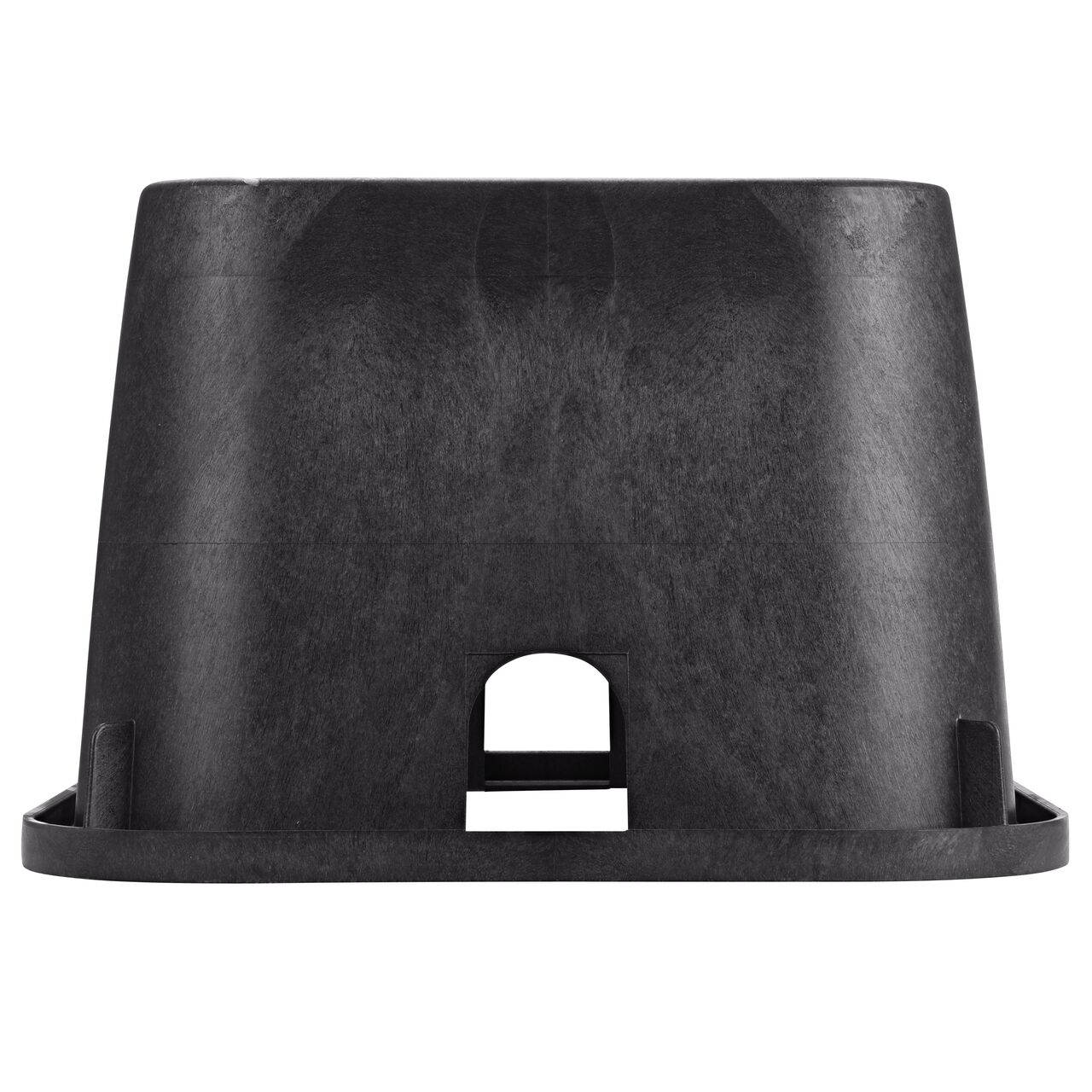 Side view of the pipe hole side on the NDS Black plastic 13 X 20 in. Rectangular Standard Series Jumbo Valve Box (NDS 117B) showing both pipe holes available to connect valves to your irrigation system