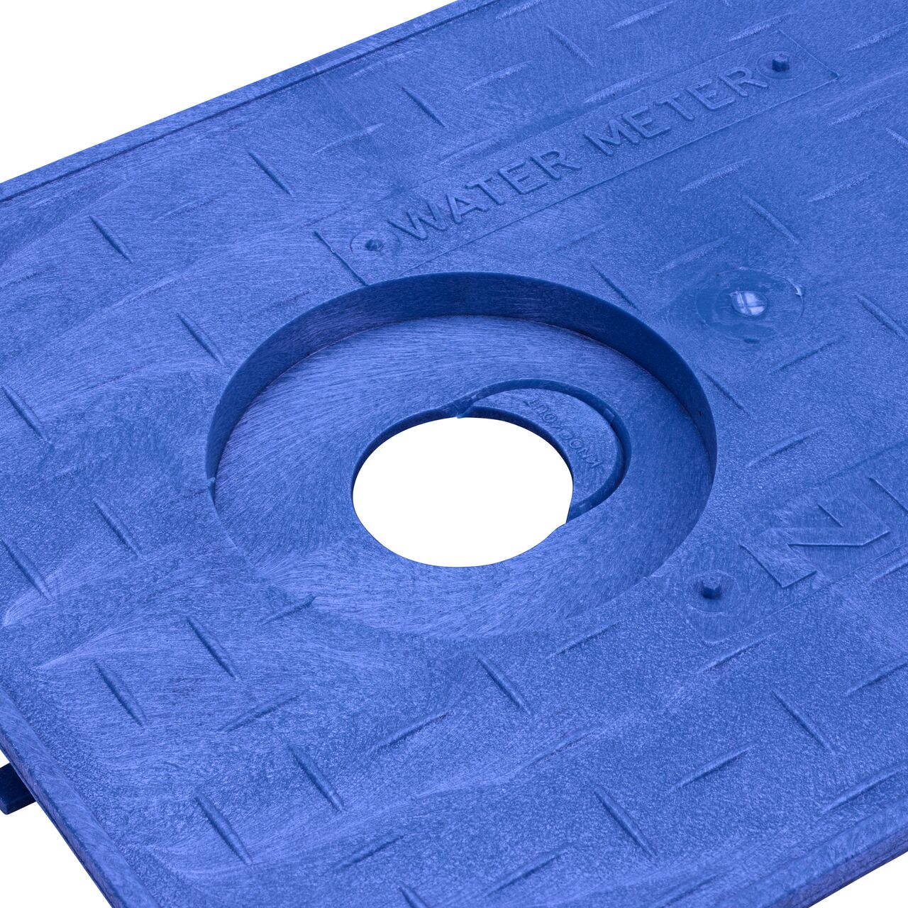 Closeup underneath view of the lid locking mechanism on the NDS 14 in. X 19 in. Rectangular Blue Locking AMR Meter Cover with a 2 in. touch reader hole (NDS D12AMR-OLLOCTRBLUL)