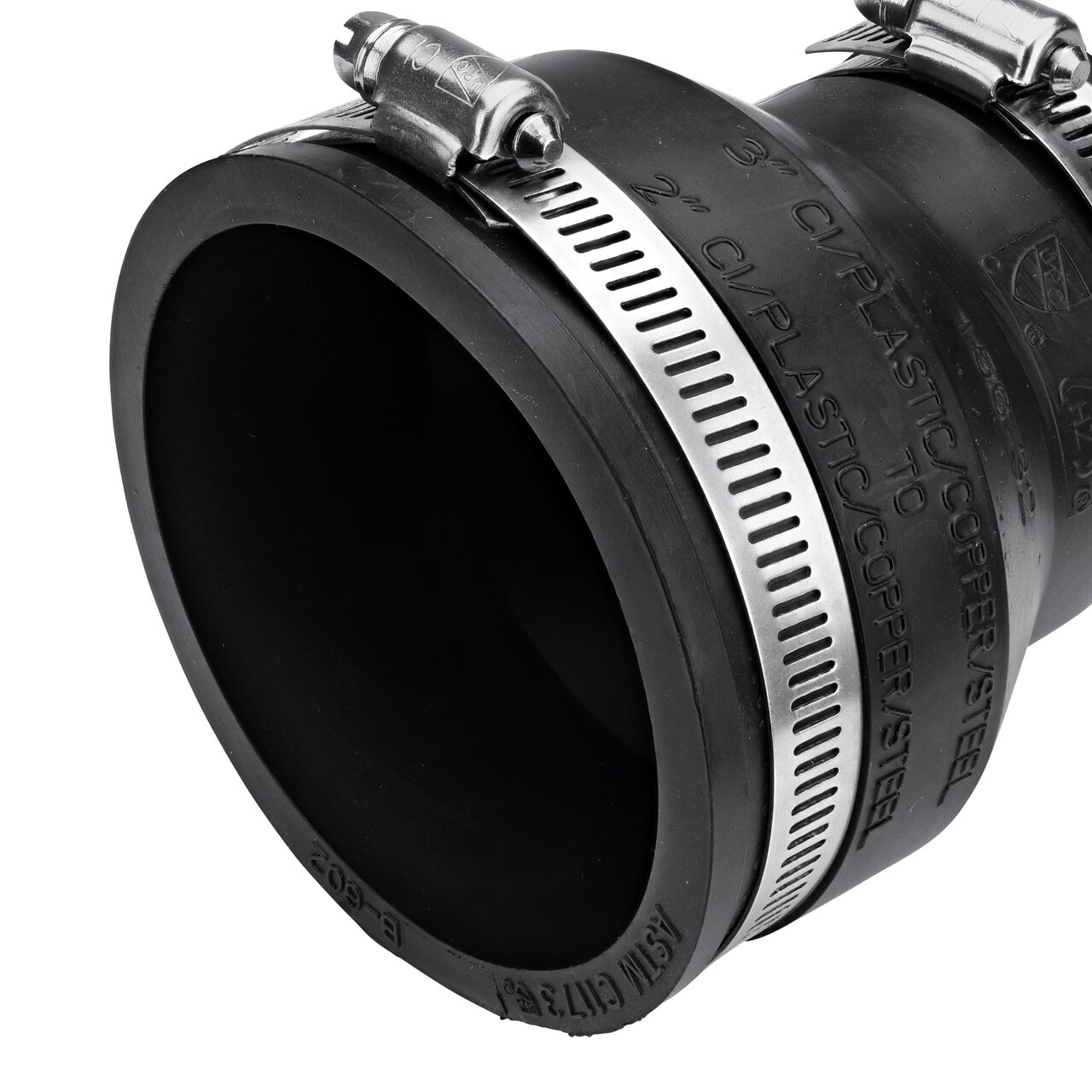 Closeup view of the large end on the NDS 3 in. X 2 in. flex coupling connects two cast iron/sewer and drain or DWV/copper/steel/lead pipes (NDS 56-32)
