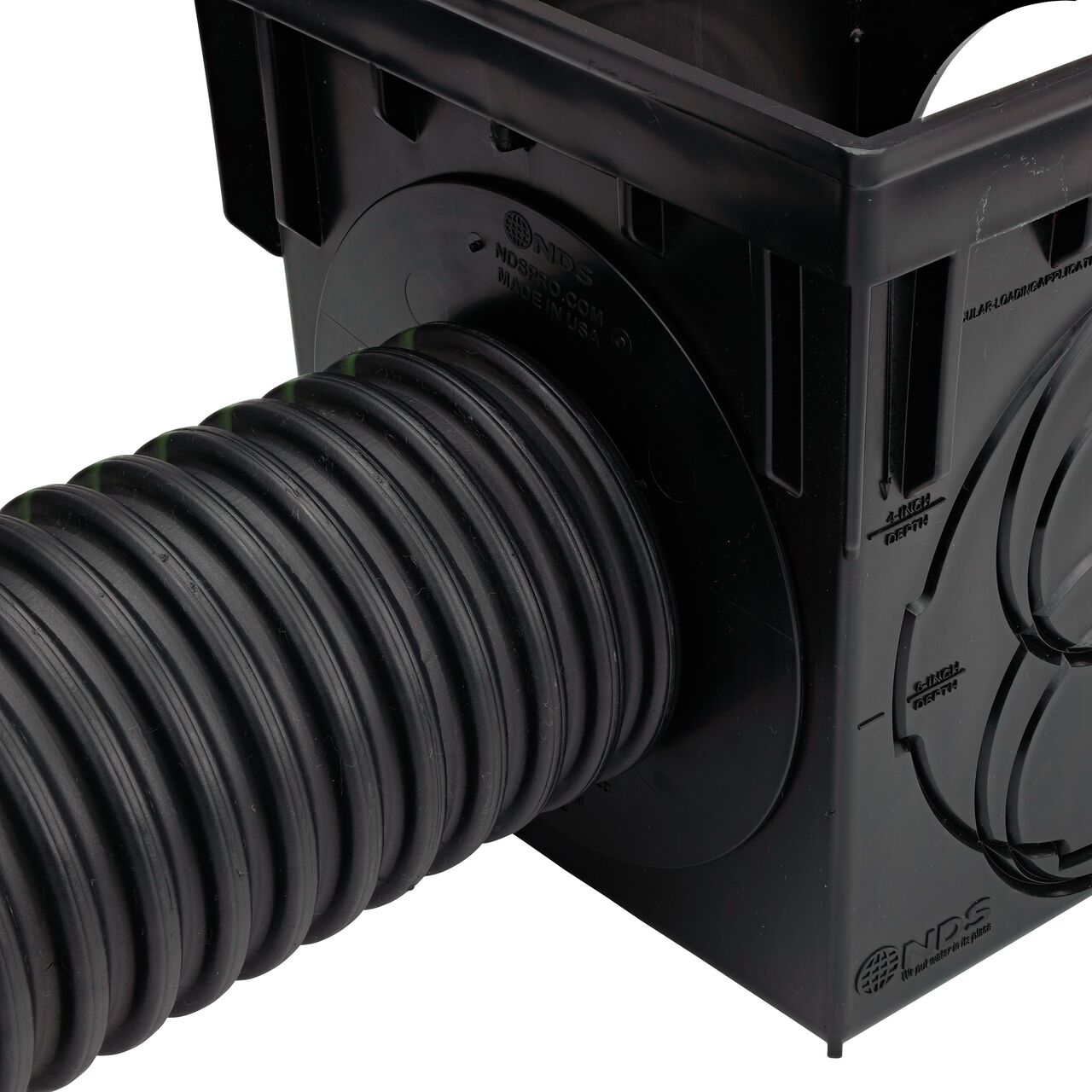 Step 3 in how to connect the 9 in. Square 2-opening Catch Basin Drain (NDS 900, NDS 900BLKIT, NDS 900GRKIT, NDS900SKIT, NDS 900MTLKIT) to pipe is to install 4 in. single wall corrugated pipe into adapter for a soil-tight fit