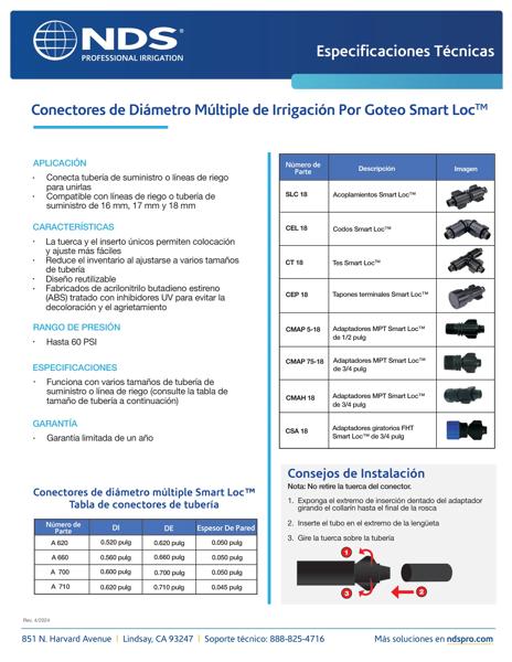 NDS Professional Irrigation Drip Irrigation Smart Loc™ Multidiameter Fittings Spanish Tech Spec