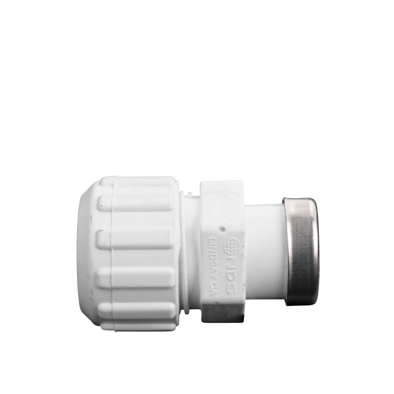 Side View of the NDS 1/2 in. IPS Flo Lock PVC Gripper Adapter (NDS 136-05) which transports water through pipes.