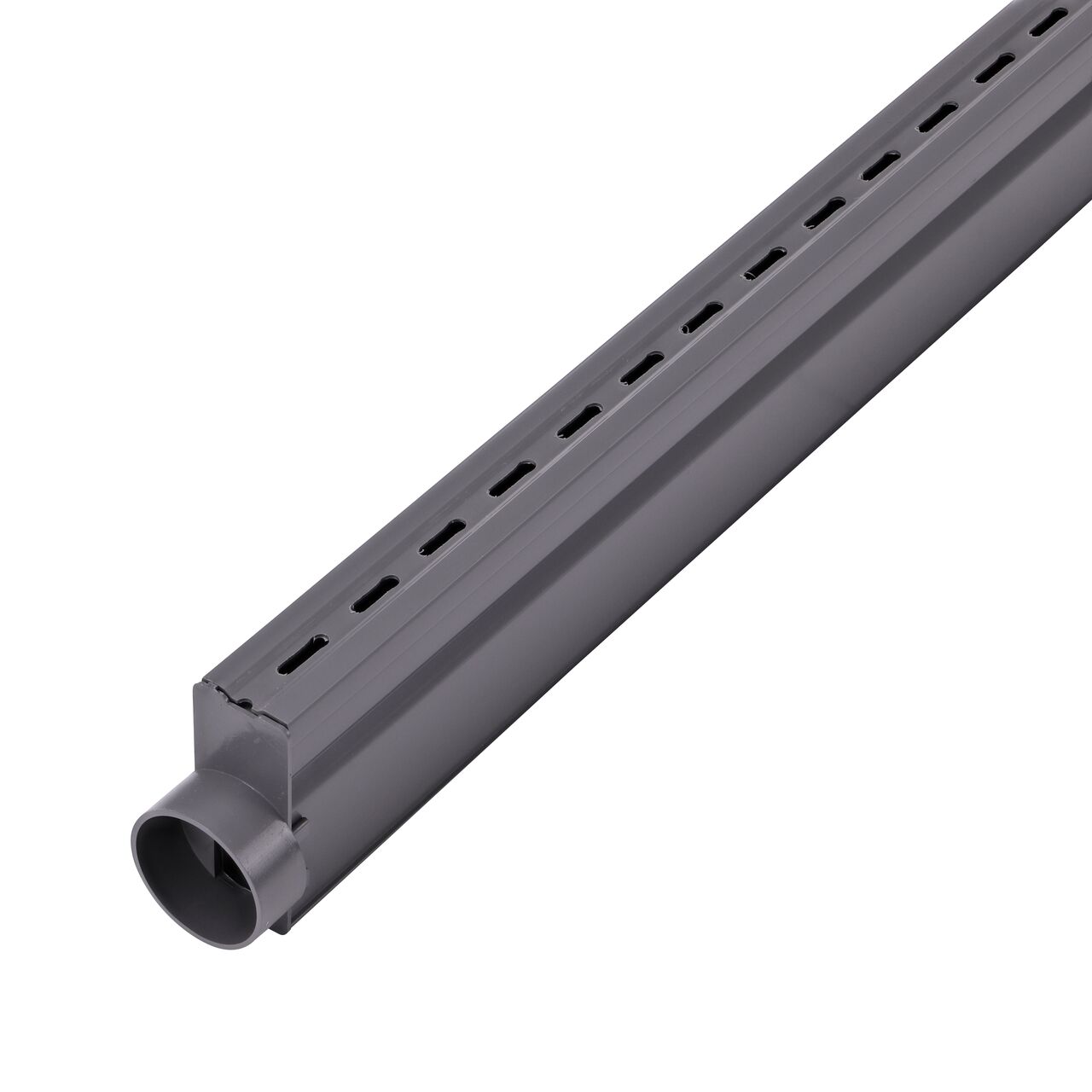 Micro Channel™ Gray Drain End Outlet (NDS 8462) installed on the Gray Micro Channel™ Drain & Integrated Grate (NDS 8003)