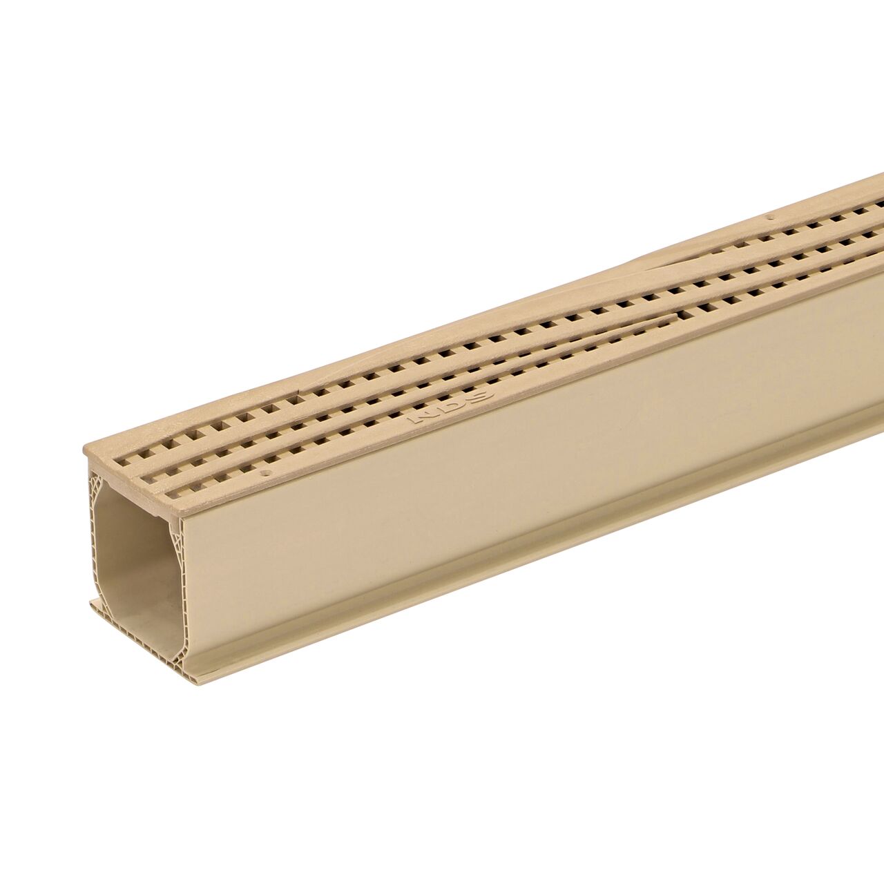 Partially installed NDS Sand 3-1/16 in. wide X 6 ft. long Mini Channel™ Drain (NDS 500S) with wave grate installed (NDS 555S)