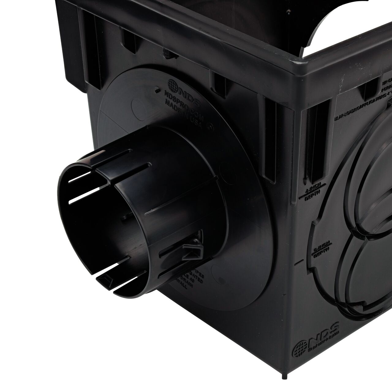 Step 2 in how to connect the 9 in. Square 2-opening Catch Basin Drain (NDS 900, NDS 900BLKIT, NDS 900GRKIT, NDS 900SKIT, NDS 900MTLKIT) to pipe is to place the outlet adapter in the catch basin drain
