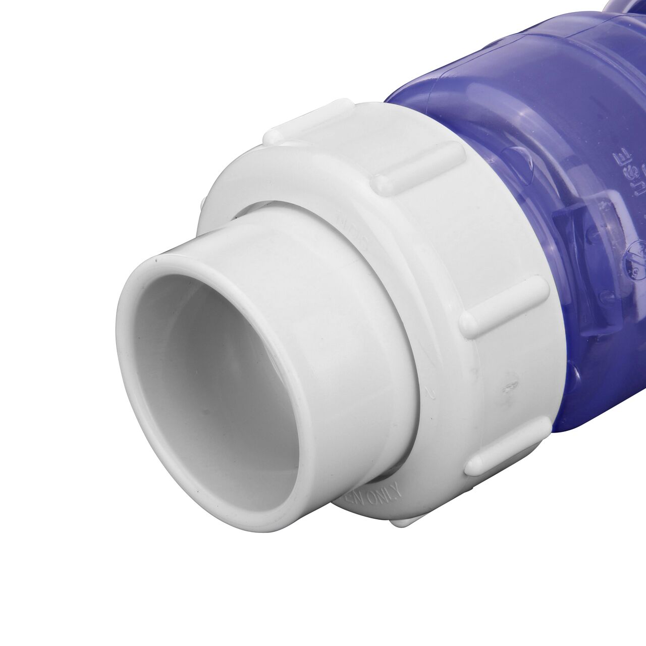 Closeup of the other end of the NDS Clear 1-1/2 in. IPS U X U PVC True Union Swing Check Valve (NDS 1720C15)