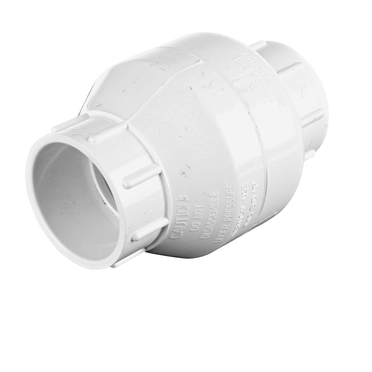 NDS White 2 in. slip end by slip end with Viton™ O-Ring PVC Swing Check Valve (NDS 1520V20) conveys water one-way through pipe and prevents backflow