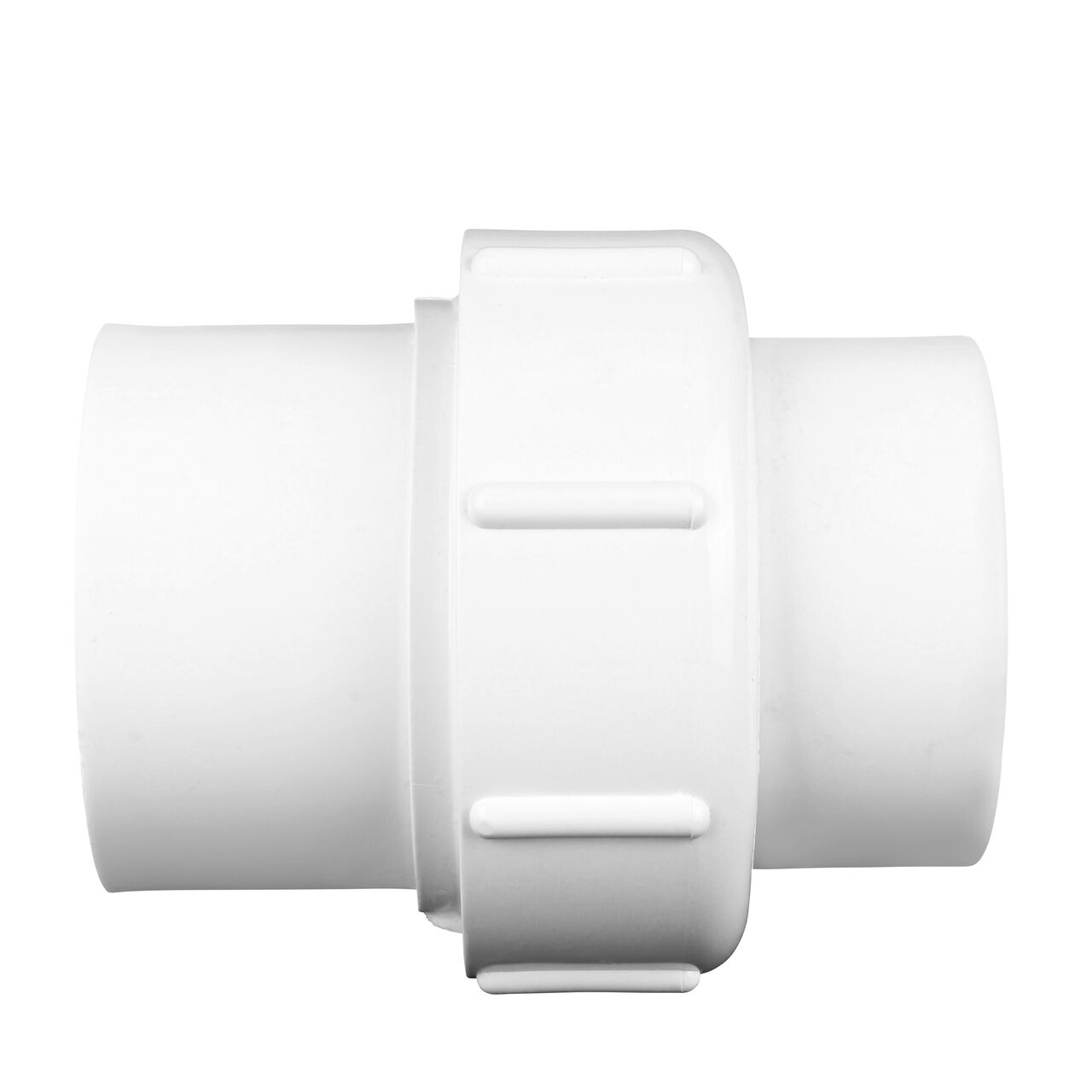 Side view of PVC Union Adapter, 2 in. IPS S X Spigot showing the center of union which can be pulled apart to quickly disconnect two pipes in system (NDS 1600-20)