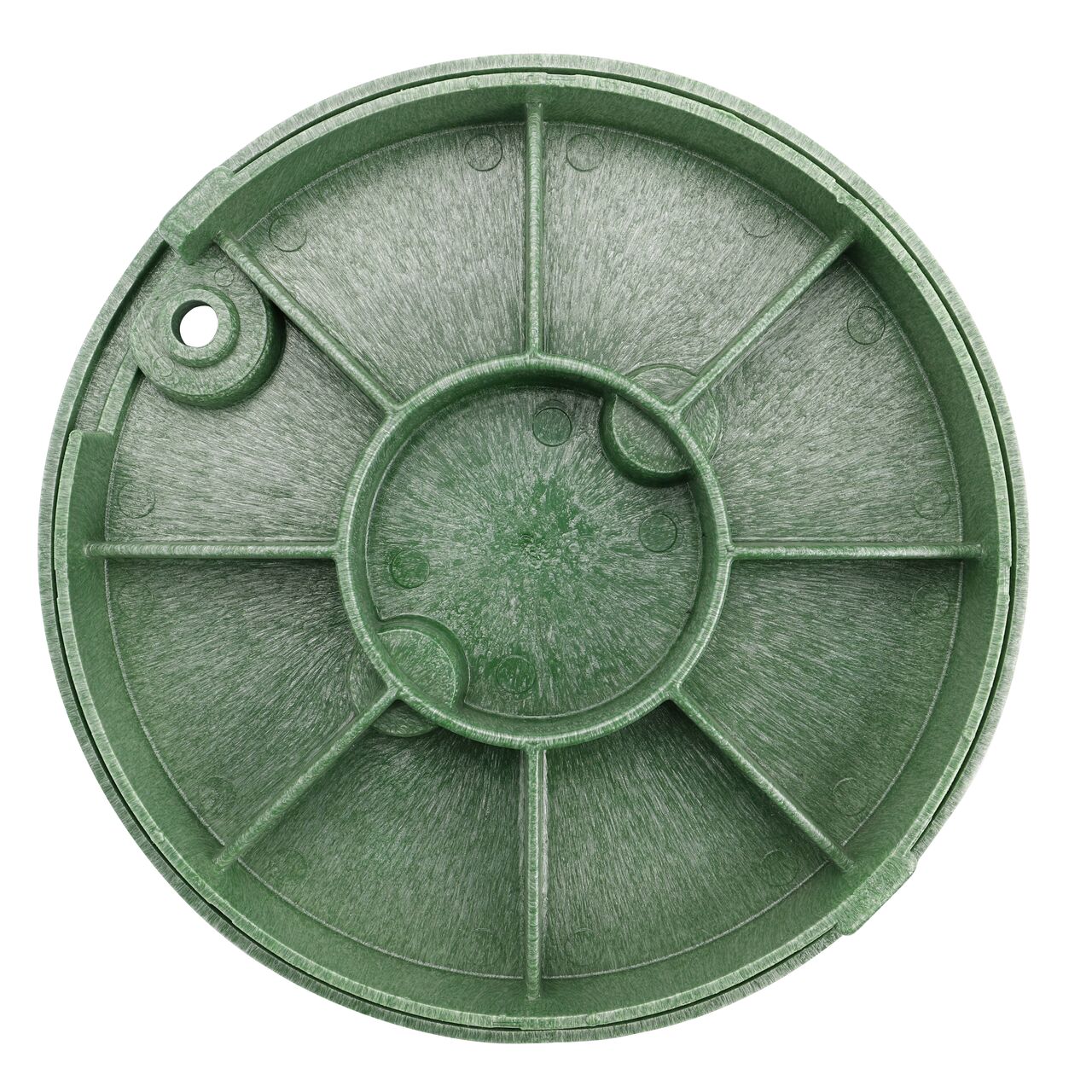 Top down view of the underside of the green fiber cover for the NDS 10 in. Round Standard Series (NDS 111CF) valve box showing reinforcing ribs that help support pedestrian and lawn care equipment