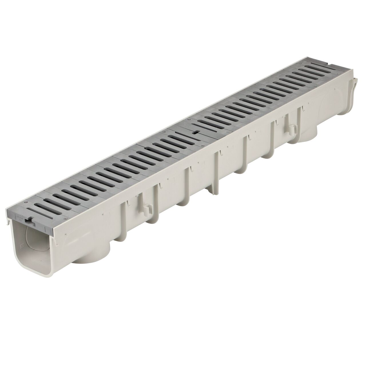 Angled view of the NDS 5 in. Pro Series Channel Drain Grate, Load Star, Gray Nylon (NDS 828)