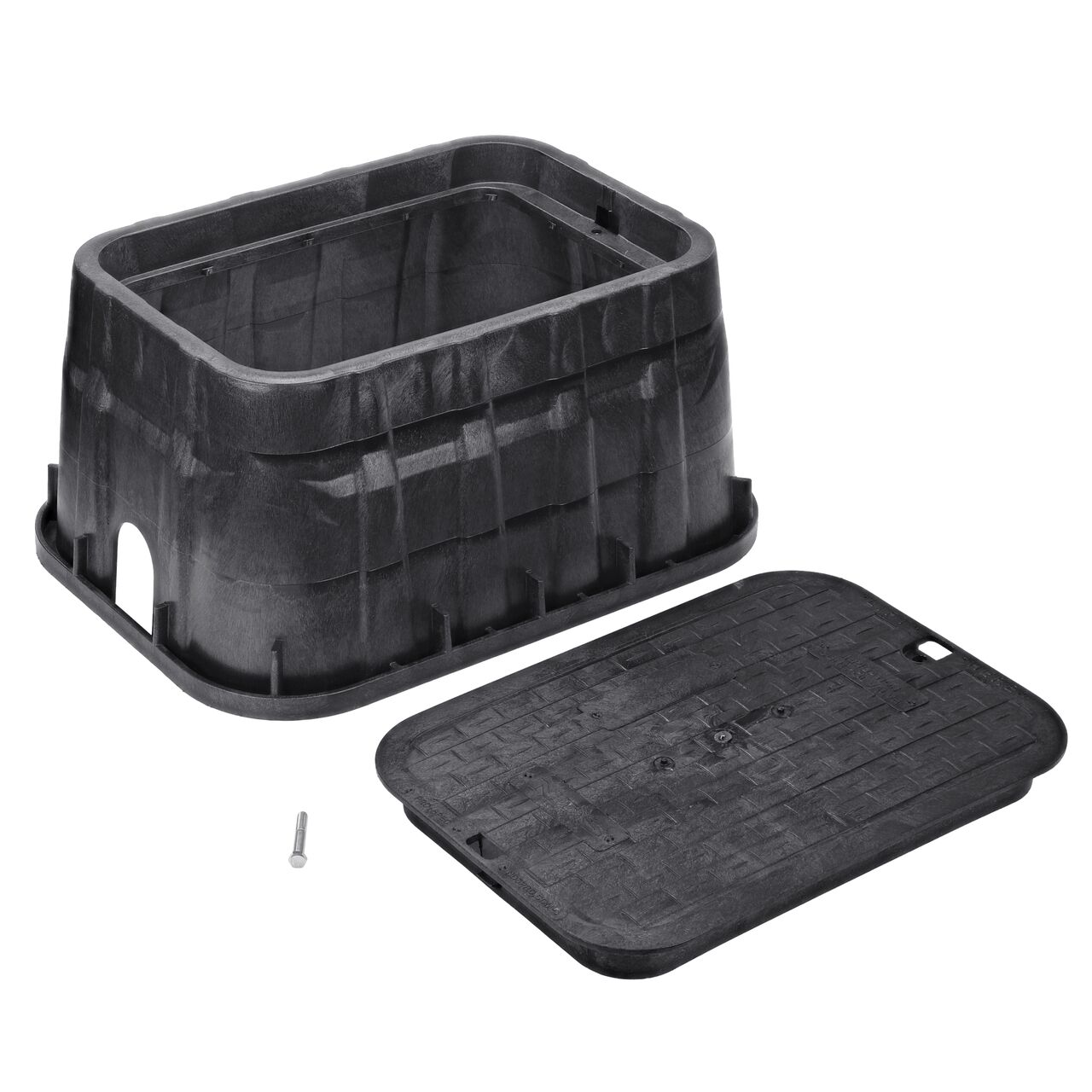 Unassembled View of the NDS 13 in. X 20 in. Rectangular Pro-Spec® Series Irrigation Control Valve box and Black Irrigation Control Valve cover with bolt (NDS 317BCBBLK), that secures the overlapping lid onto the box