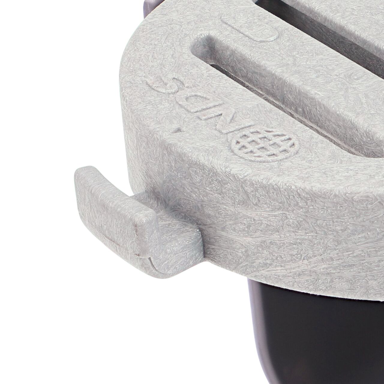 Closeup of the grate pivot joint which provides 0 to 9 degrees of angular motion on the NDS Spee-D® Contour™ Channel Drain Middle Section and Gray Grate (NDS 400-ACM-WH)